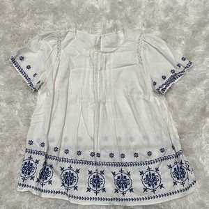 Loft white linen blouse with blue flower designs